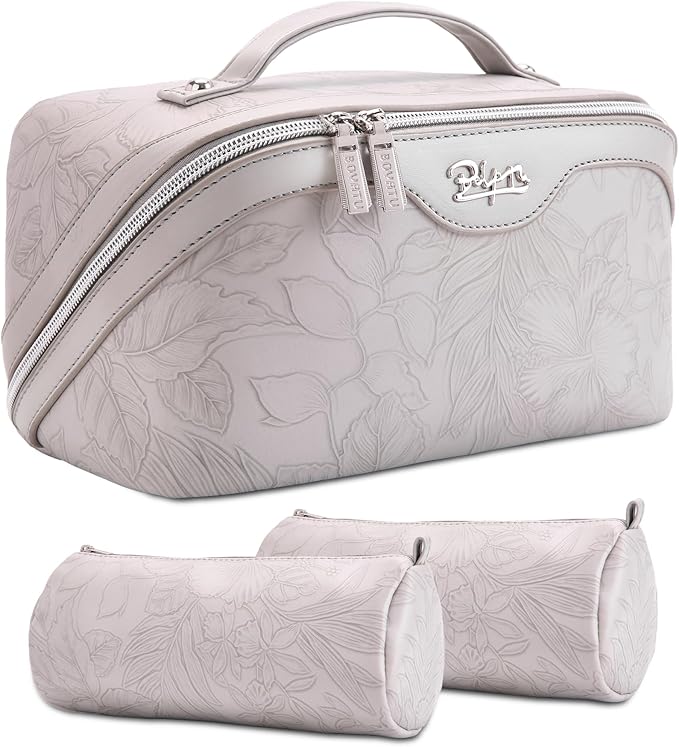 BOYATU Travel Makeup Bags Cosmetic Organizer Bag: 3-Set Large Capacity Make up Bag - PU Leather Toiletry Bags for Women - Wide Open Portable Pouch with Divider & Handle (15-Light Grey-2)