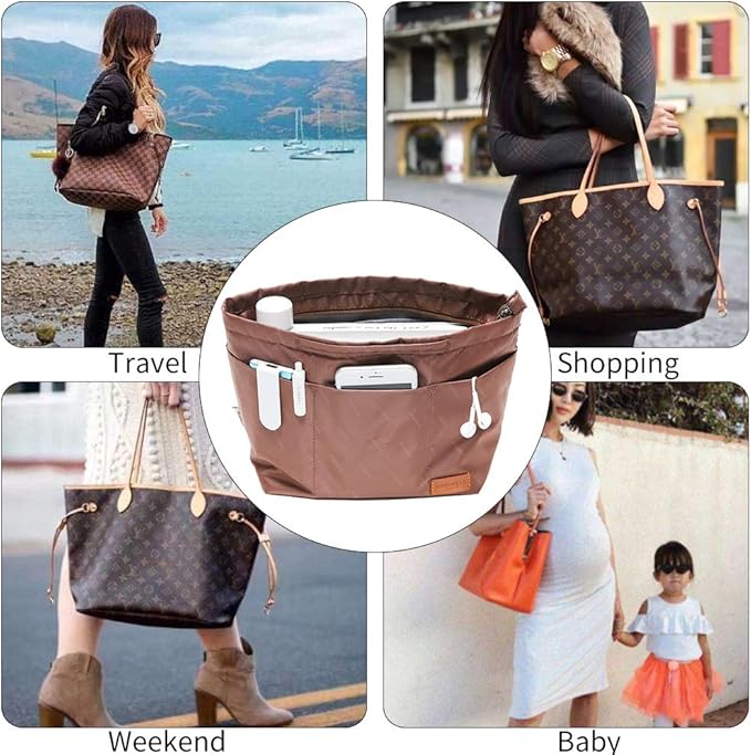 iN. Purse Organizer Insert with zipper, Nylon fabric Storage Bag with handles, for womens Handbags & Tote bags, neverfull, lightweight medium sized Brown