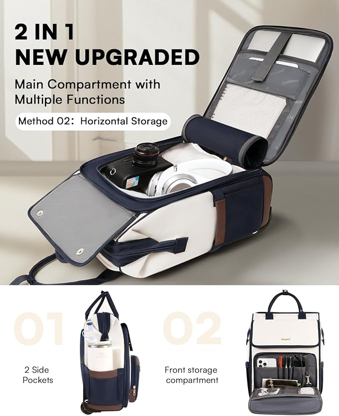Rolling Backpack for Women, Travel Rolling Laptop Backpack with Wheels, Vertical & Horizontal Storage 2 In 1, Flip-Top Design, Water-Resistant Overnight College Underseat Carry on Luggage, Navy Blue