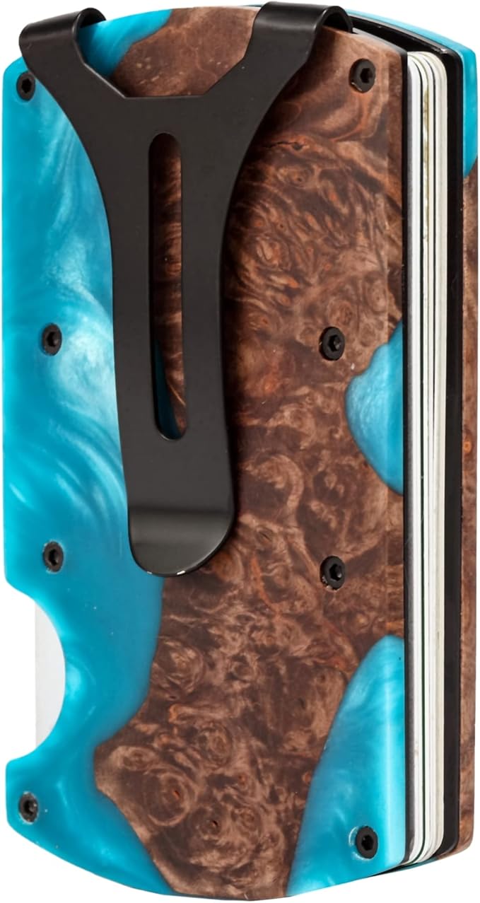 Carbon Fiber Minimalist Wallet for Men Credit Card Holder Money Clip & Cash Strap Slim RFID Mens Wallets,Resin Natural Walnut Wood,Unique Pattern,Light Blue