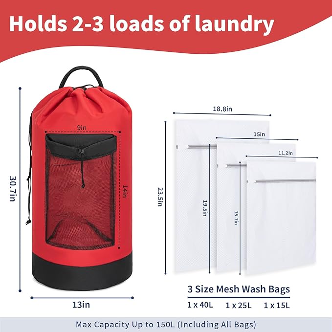150L Laundry Bag Backpack with 3 Sizes Mesh Wash Bags and Shoulder Straps Foldable Clothes Hamper Bag with Drawstring Closure for College, Apartment, Laundromat (Red)