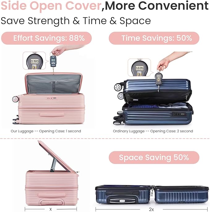 3 Piece Luggage Set 100% PC Hardshell, Front Opening Expandable Suitcase (20/24/28) with Laptop Compartment & Free Custom PVC Covers, Trunk Style Lightweight Spinner Wheels TSA Lock (Pink)
