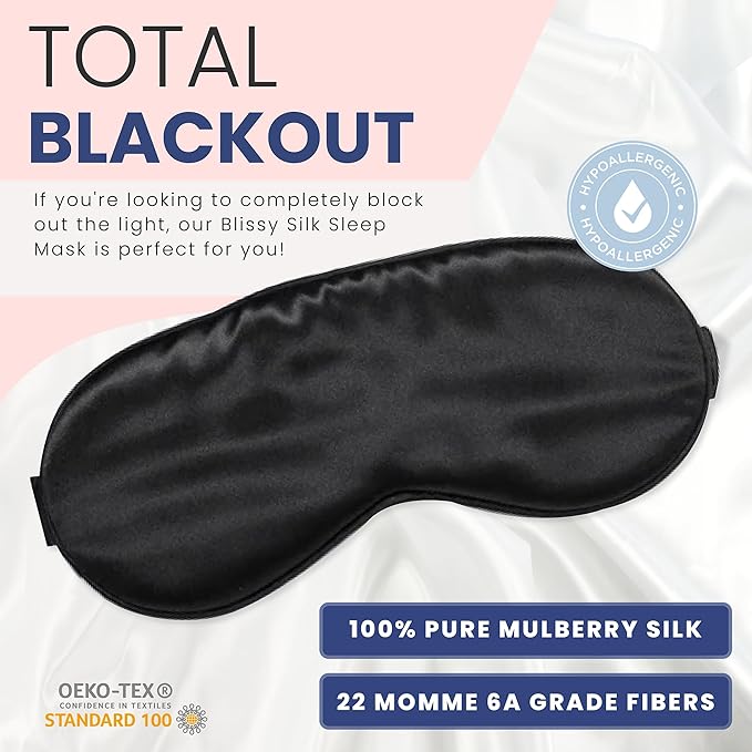 Blissy Silk Sleep Mask - Eye Sleeping Mask for Women & Men for Total Blackout - 100% Pure Mulberry Silk, 22 Momme 6a Fibers - Blindfold Sleep Mask Side Sleeper Eye Cover (Non Adjustable)