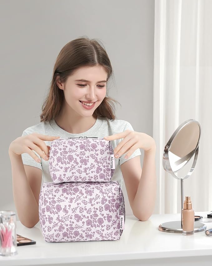 Narwey Small Cute Floral Makeup Bag for Purse Mini Cosmetic Bag Travel Makeup Pouch Zipper Pouch Cute Make up Bags with Compartments for Women Girls (Dusty Pink Flower, Small)