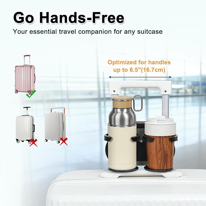 Vigorport Luggage Travel Cup Holder, Folding Cup Holder, Drink Caddy for Suitcases - Hold Two Coffee Mugs Traveler Carry on Hands Free Accessory