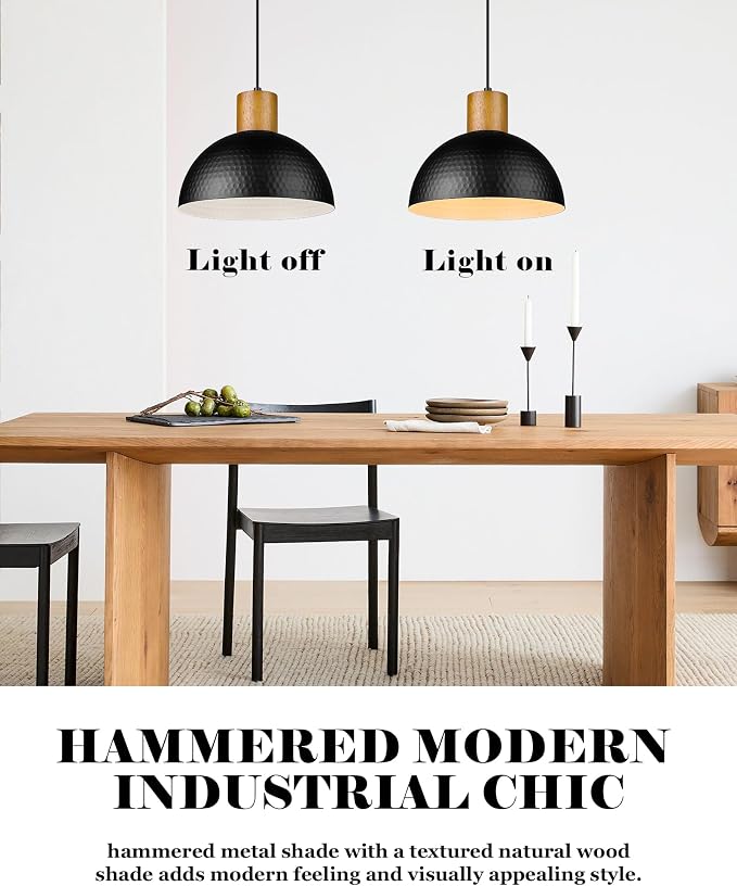 ELYONA 2 Pack Hammered Pendant Lights, 12" Industrial Metal Dome Hanging Lamp, Solid Wood Pendant Light Fixtures for Kitchen Island, Bar, Farmhouse, Dining Room, Bedroom, Hallway, Black