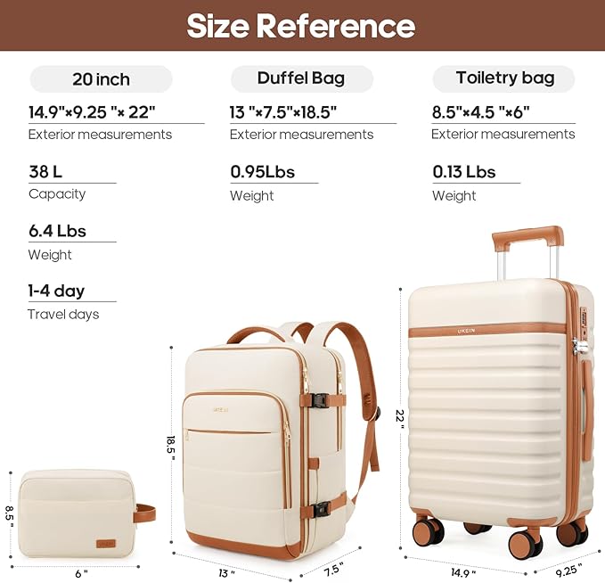UKEIN Luggage Sets 3 Piece, Carry On Luggage 20In With Spinner Wheels,PC Hardside Suitcase Set with TSA Lock,Durable Carry On Suitcase With Travel Backpack for Men (Cream, 3 piece set (BP/20inch))