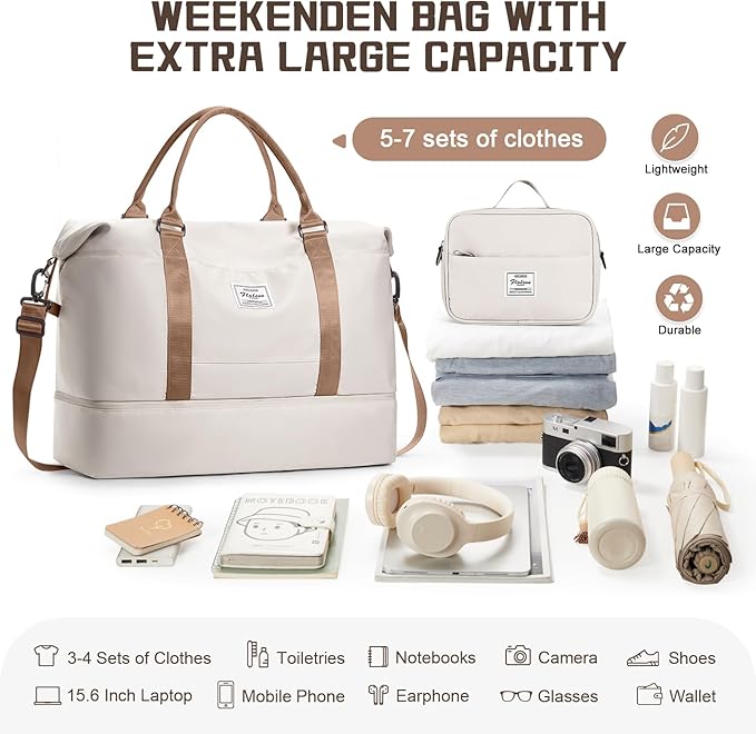 Travel Duffel Bag with Shoes Compartment, Overnight Weekender Bags for Women, Carry on Personal Item Travel Set