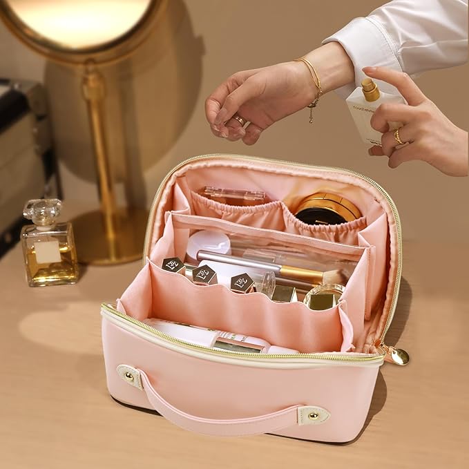Prite Makeup Bag for Women Travel Waterproof Vegan Leather Cosmetic Bag Open Flat Toiletry Bag With Clear Divider and Handle (Large Pink Pro)
