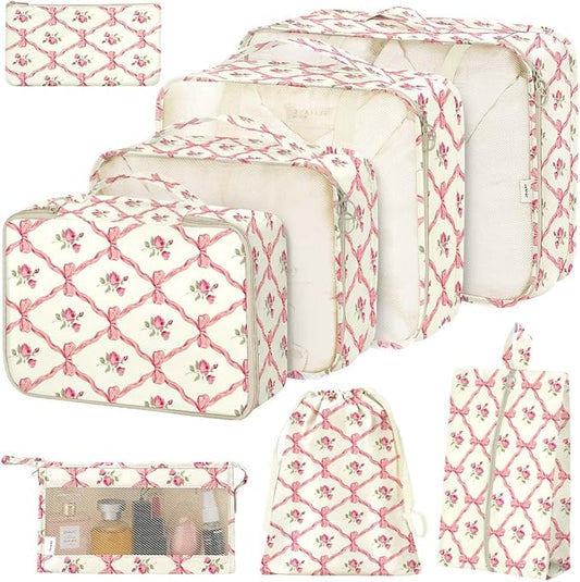 8 Set Packing Cubes for Suitcases,Packing Cube with Shoe, Cosmetics, Clothing, and Accessories Bags Packing Cubes for Travel Luggage Organizer Women Men(Bow Flowers)