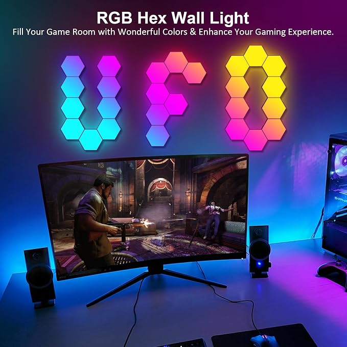 OJQ 20 Pack Hexagon Lights Wall RGB Panel - Hexagonal Led Lights Room Decor | Wall Lights Birthday Decorations Gaming Equipment Honeycomb Shape Panels Hexagon Gaming Lights for Bedroom Children