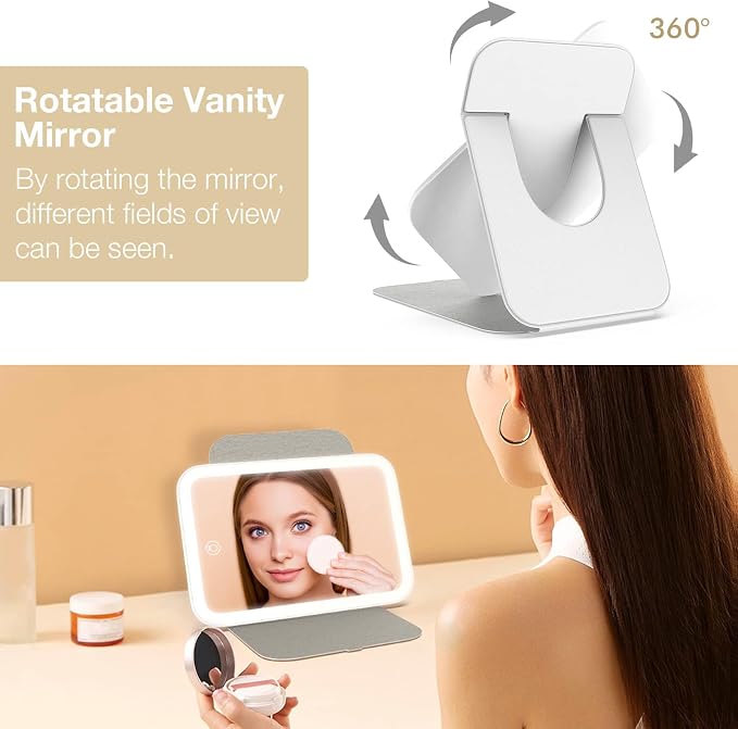 Kintion Travel Makeup Mirror, Portable LED Lighted Folding Mirror (White) | 60 LEDs, 3-Color Dimmable Rechargeable Tabletop Mirror, 360° Rotation Touch Screen Lighting Vanity Mirror