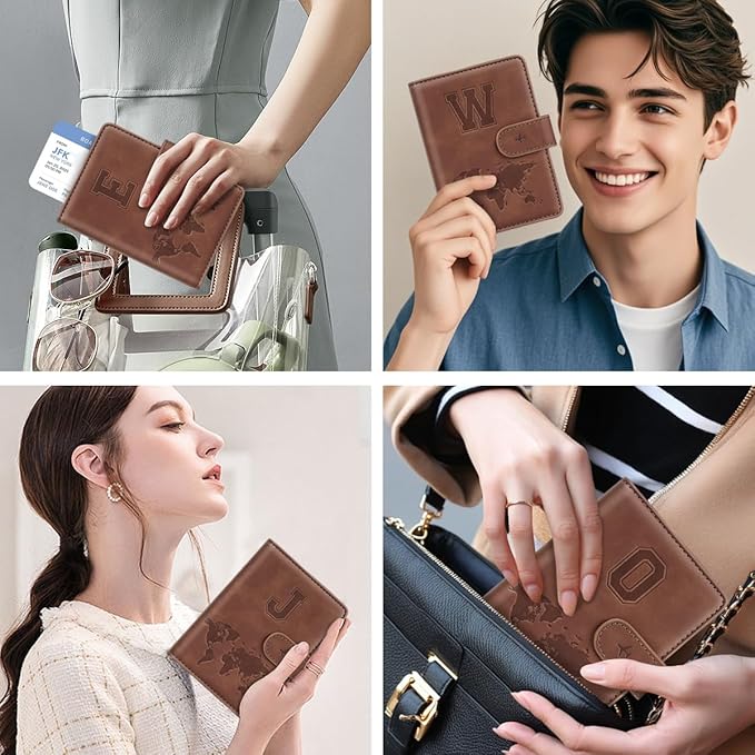 Passport Holder Wallet Cover Personalized Letter A-Z Travel Wallet RFID Blocking Passport Cover Wallet Case for Travel Passport Book Holders for Women and Men, Brown-E