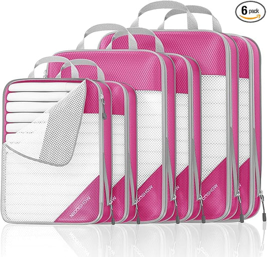 Compression Packing Cubes 6 Set, Compressible Space-Saving Packing Cubes for Travel - Compression Bags, Luggage Organizer, Travel Essentials for Women, Hot Pink