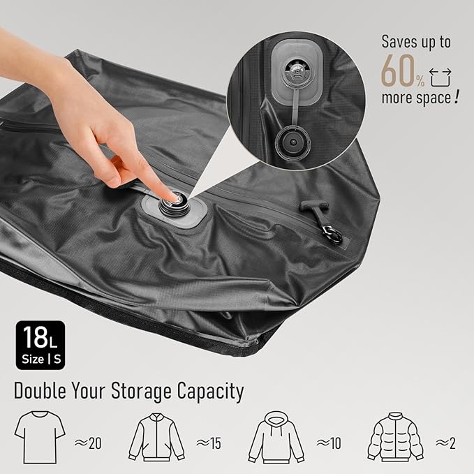 VJI Reusable Vacuum Bag for Travel, IPX8 Waterproof Compression Storage Bag for Luggage and Closet, Space Saving and Leakproof Packing Organizer (Black, With pump)