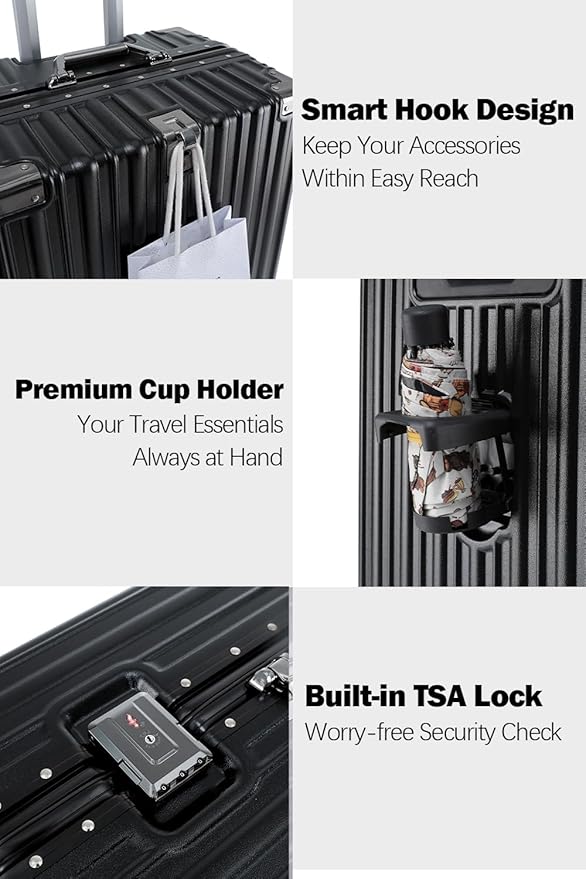 HotWay 24 Inch Aluminum Frame Luggage with Spinner Wheels, PC Hard Shell Suitcase with Cup Holder, Zipperless Luggage for Business Travel, Black