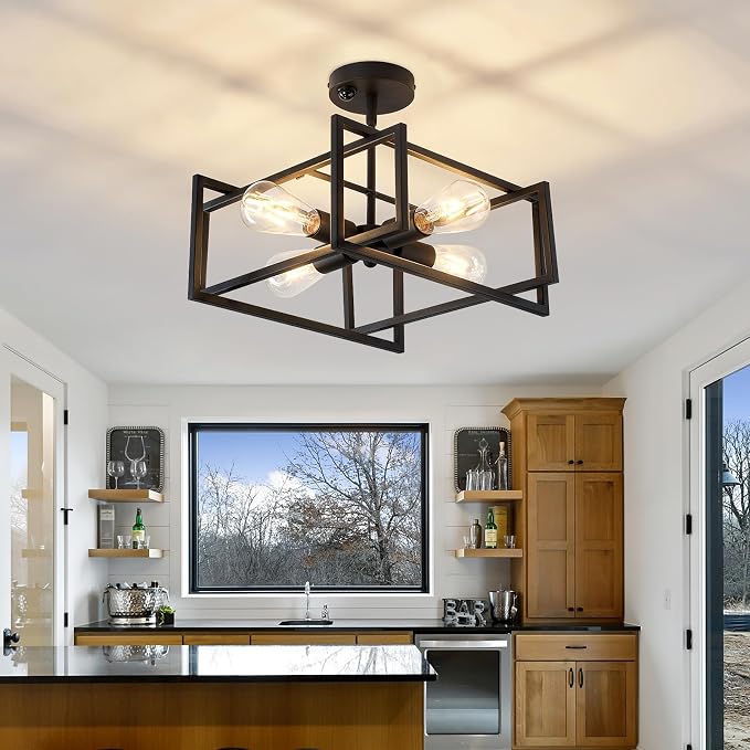 ZGLAOJT Motion Sensor Ceiling Light Fixture 4-Lights Semi Flush Mount Ceiling Light Black Industrial Indoor Chandelier for Kitchen Living Room Bedroom Farmhouse Hallway Foyer
