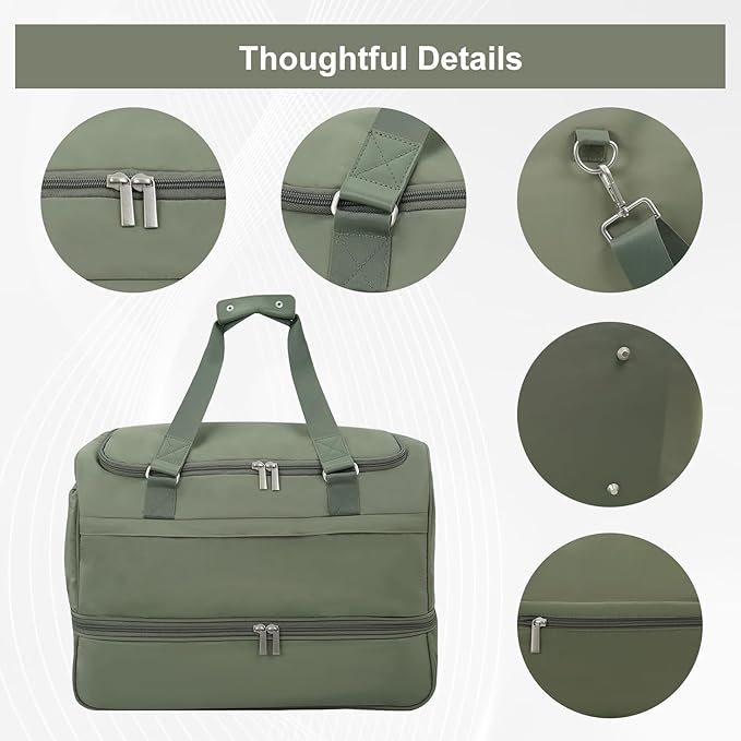 Carry On Travel Duffel Bag for Women & Men,Overnight Weekender Bag with Shoe Compartment,Trolley Sleeve and Adjustable Shoulder Strap,Business & Weekend Travel,Gym,Sports,Yoga & Dance (Green)