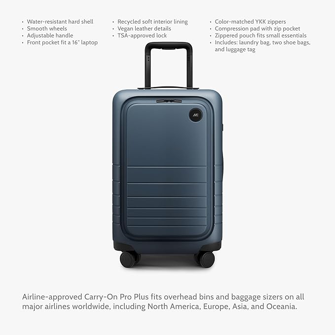 Monos Carry-On Pro Plus Luggage (23"), Hardside Spinner Suitcase with TSA Lock & Front Pocket, Airline Approved, Ocean Blue