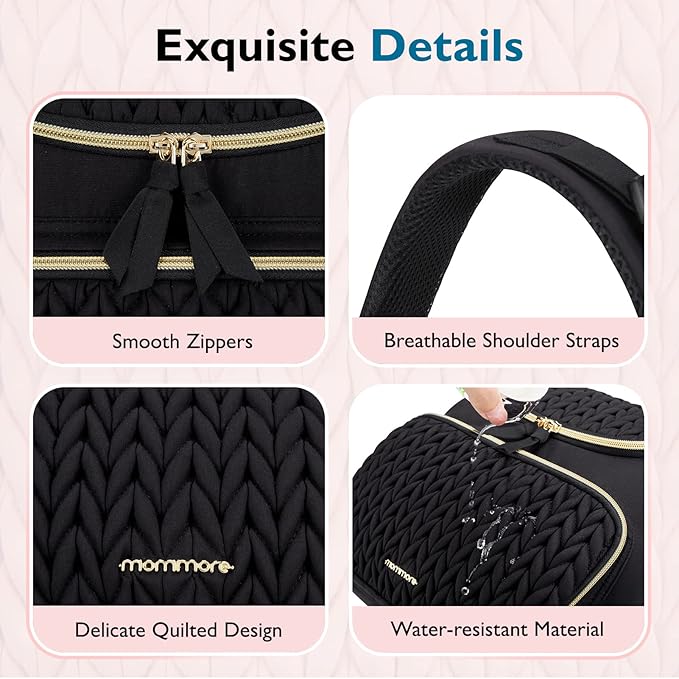 mommore Diaper Bag Backpack, Stylish Travel Baby Bag with Insulated Pockets, Changing Pad and Stroller Straps for Toddler (S-Black, Small-17L)