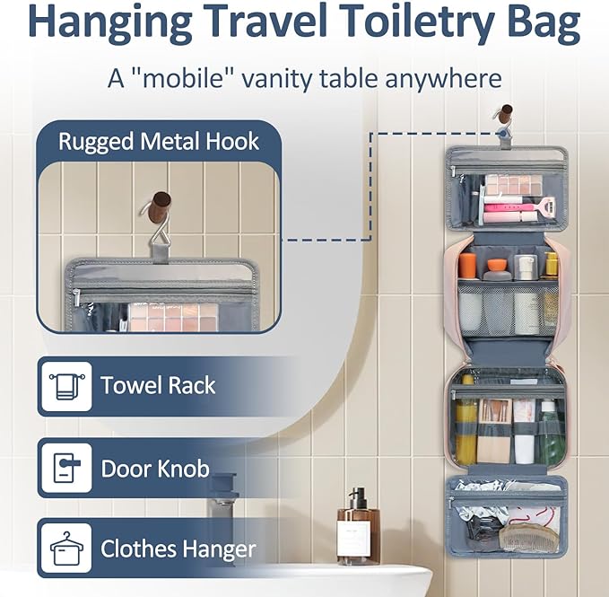Travel Toiletry Bag for Women with Hanging Hook, Waterproof TSA Approved Cometic Toiletry Bag Organizers Leakproof Make up Bags for Women Pink