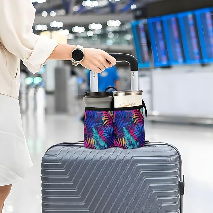 DOMIKING Tropical Palm Leaf Travel Luggage Cup Holder for Suitcase Free Hands Drink Carrier with Storage Pockets for Beverages Bottles