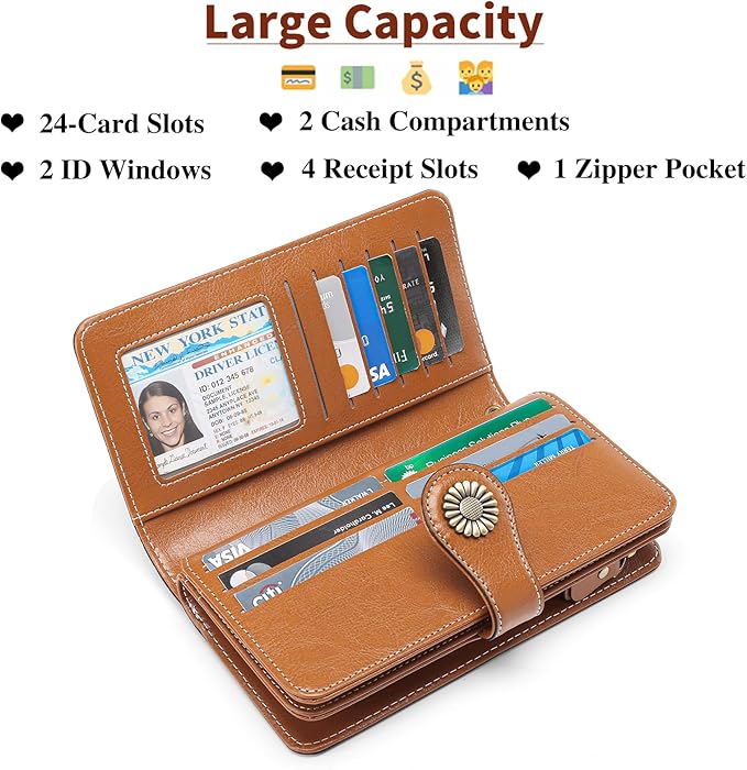 SENDEFN Wallets for Women Leather Credit Card Holder with RFID Blocking Large Capacity Wristlet | with RFID Blocking, Large Capacity, Wristlet, with RFID Blocking, Large Capacity, Wristlet