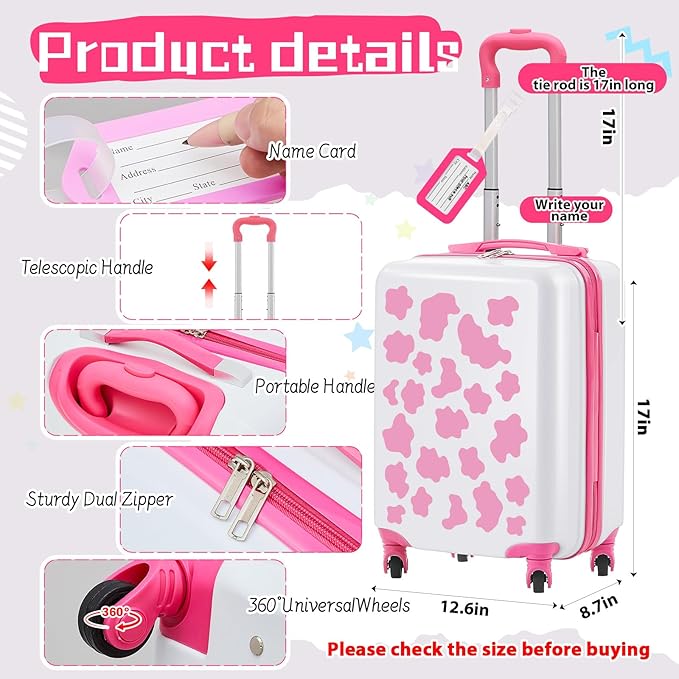 Redbaker 17 Inch 6 Pcs Kids Luggage Set Kids Rolling Luggage Double Pattern Suitcase for Boys Girls (Pink and White, Cow Point Style)