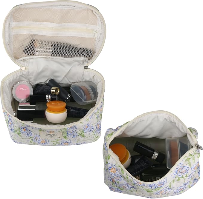 Cute Makeup Bag for Women(2 Pcs), Travel Cosmetic Bags, Quilted Coquette Aesthetic Floral Toiletry Organizer Bag (Blue Flower)