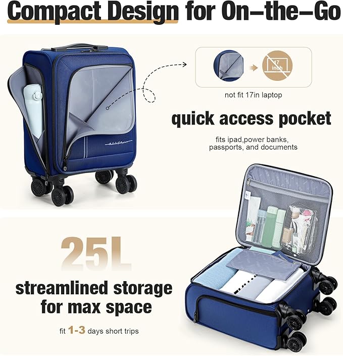 Softside Carry on Luggage Airline Approved, 17 Inch Underseat Carry-on Luggage with Removable Spinner Wheels, Small Personal Item Suitcase for Travel Business (Blue, 17 inch_Underseat)