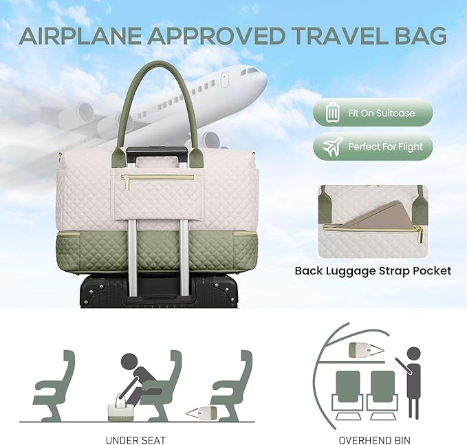 Travel Weekender Duffle Bags for Women - Duffel Bag with Shoe Compartment Carry On Overnight Bag with Toiletry Bag with Wet Pocket for Gym Hospital Bags for Labor and Delivery Beige Green