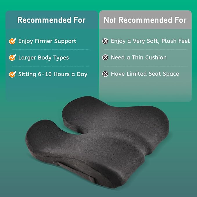 Ergonomic Seat Cushion for Office Chair – High-Density Memory Foam Support with U-Shaped Coccyx Cut-Out, Stable Comfort for Long Sitting, Enhanced Non-Slip Bottom & Washable Cover