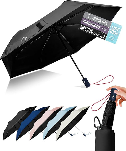 Windproof Travel Umbrella for Rain - 43" Compact Folding Umbrella, Reinforced Strong Frame, Lightweight Portable Parasol with UPF 100+ UV Sun Protection, Cruise Ship Essentials