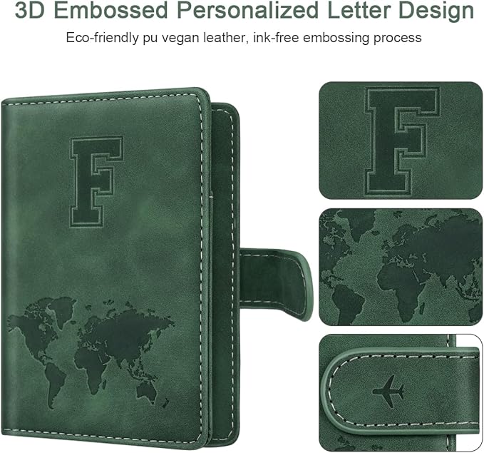Personalized F Passport Holder Cover Initial Letter Travel Wallet RFID Blocking Passport Cover Credit Card Holder Case Passport Book Holders for Women and Men, Pine Green-F