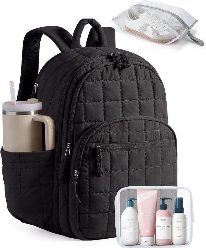 BAGSMART College Laptop Backpack, Travel Backpack for Women, Quilted Airline Approved Carry On Backpack Fits 17.3 Inch Laptop, Personal Item Travel Bag, Black