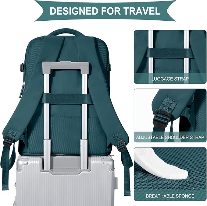 coowoz Large Travel Backpack For Women Men,Carry On Backpack Flight Approved,Hiking Backpack Waterproof Outdoor Sports Rucksack Casual Daypack Fit 15.6 Inch Laptop Shoes Compartment,30L(Peacock Blue)