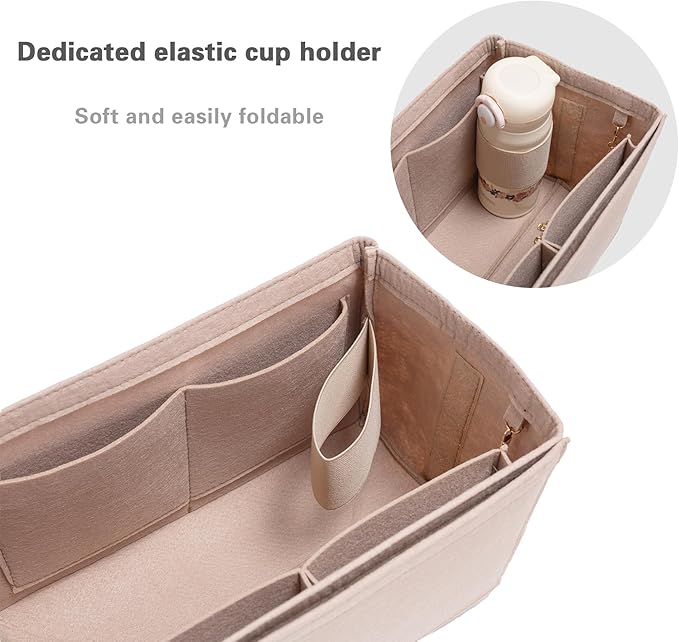 Purse Organizer Insert, Handbag Organizer with Zipper, Tote Shaper with Cup Holder & Keychain, Compatible with LV, Neverfull, MK, COACH, Longchamp, Kate Spade – Red-Med
