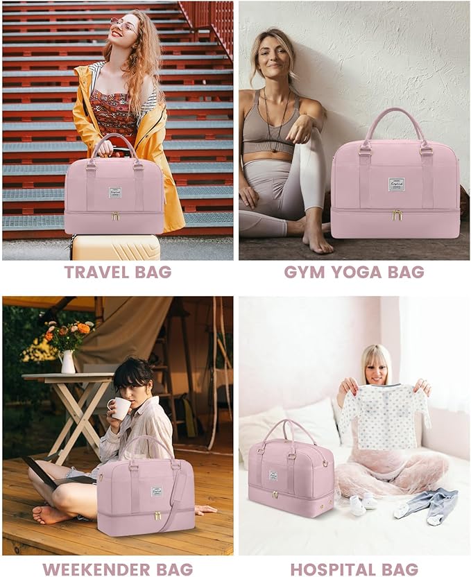 Weekender Travel Duffle Bag for Women: Overnight Bags with Shoe Compartment Carry on Bags for Airplanes with Toiletry Bag Weekend Yoga Gym Bag with Wet Pocket Travel Duffel Tote Bag Hospital Bag Pink