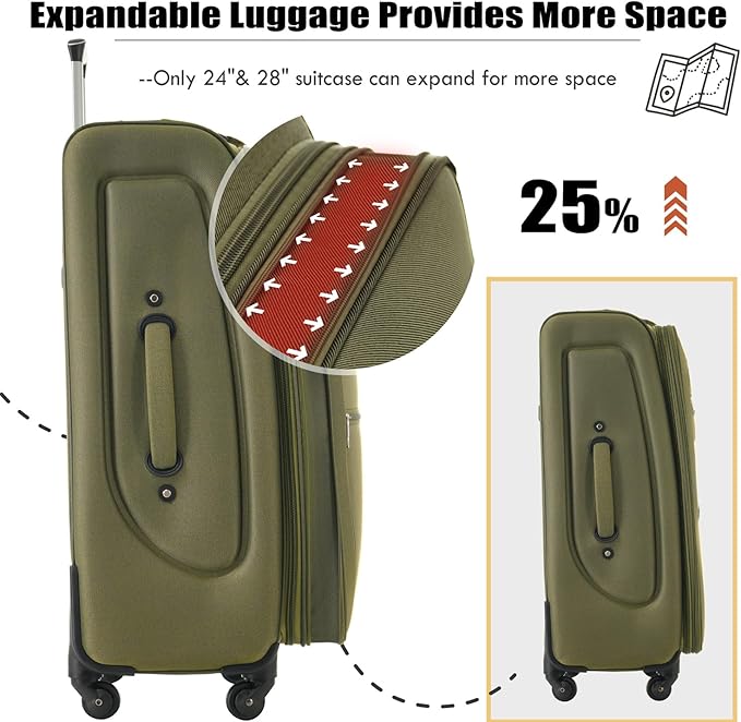 Luggage Sets Softside Expandable 3 Piece Set Lightweight Suitcase with Duffel Bag Upright Spinner Softshell, TSA Lock Carry On for Business for Family Travel (Army Green, 22"/26"/30")