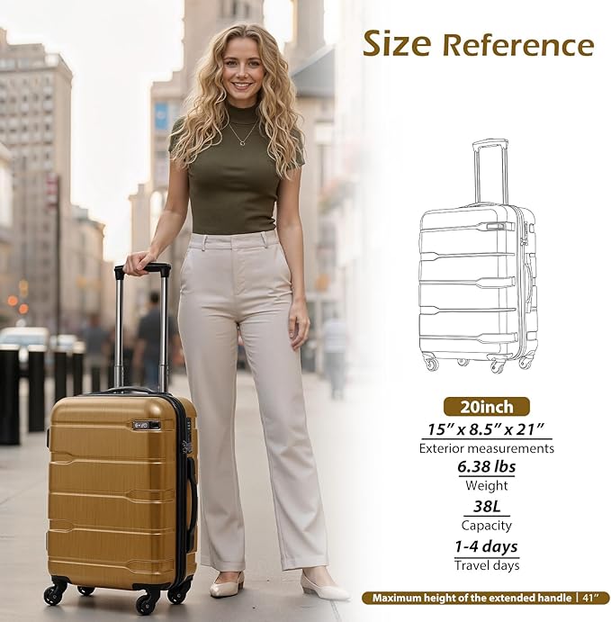 Coolife Carry On Luggage 22x14x9 Airline Approved Hardside PC+ABS Suitcase with TSA Lock, Lightweight Rolling Travel Luggage with Spinner Wheels(Black Brown, 20in)