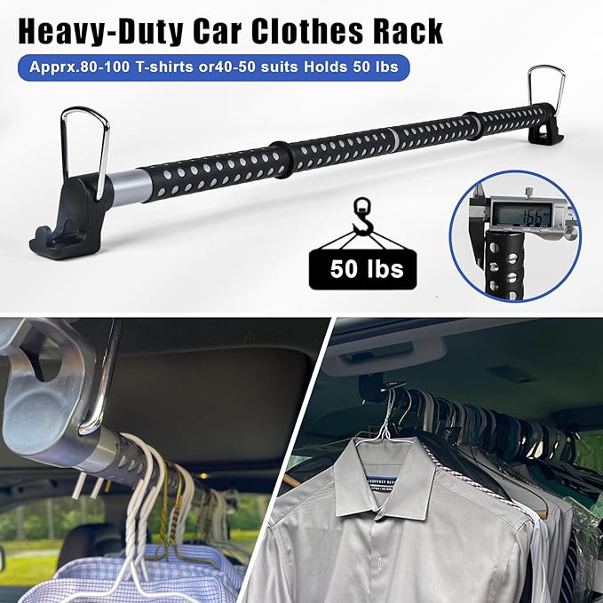 Beinhome Rubber Car Clothes Hanger Bar, Expandable Heavy Duty Car Clothes Rack- Adjustable 35 to 63 inches, Suitable for Sedans, SUV, Truck, Most Vehicles, Black