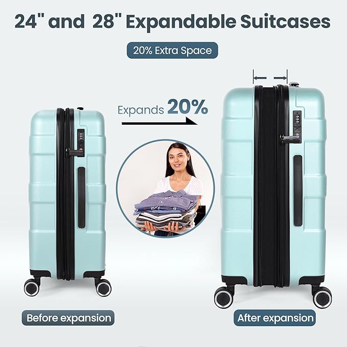 Luggage Sets 3 Piece with Spinner Wheel, Hardside Suitcase Set with TSA Lock, Expandable Lightweight Travel Luggage for Men and Women, Mint Green Upgraded