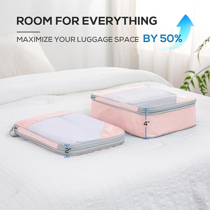 Compression Packing Cubes, 9 Set Packing Cubes for Travel Compression, Lightweight Compressible Package Organizer for Carry On and Suitcases, Pink