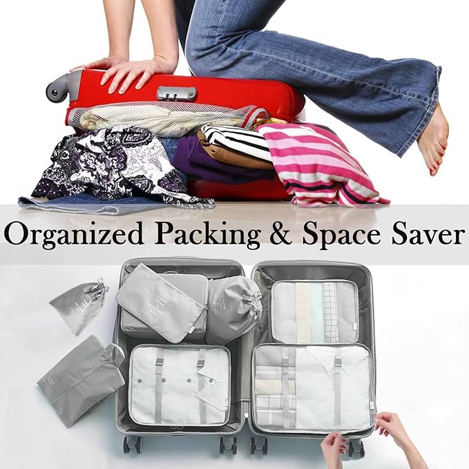 8 Pieces Mesh Packing Cubes for Travel, Luggage Packing Organizers Bags Set, Travel Essentials Suitcases Accessories with Laundry Bag, Storage Shoe Bag, Clothing Underwear Bag (Gray, 8 set)