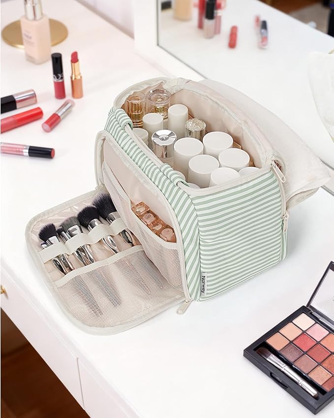 Narwey Striped Travel Toiletry Bag for Women Large Makeup Bag, Wide-open Cosmetic Make Up Organizer with Handle, Travel Bag for Toiletries, Essentials, Accessories (Mint Green Stripe)