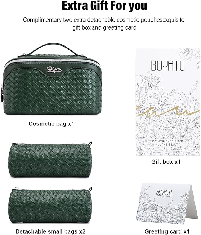 BOYATU Travel Makeup Bag Cosmetic Bags for Women: Large Capacity 3 Pcs Set Make up Bag with Compartments - Waterproof Vegan Leather Toiletry Organizer Bags with Handle (L06 Olive)