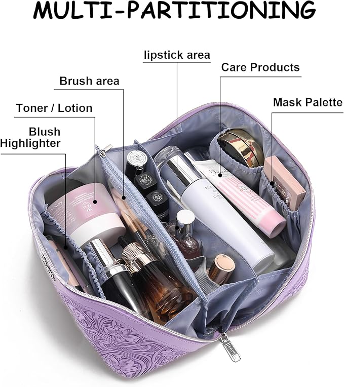 BOYATU Travel Makeup Bags Cosmetic Organizer Bag: 3 Pcs Set Large Capacity Floral Make up Bag with Compartments - Waterproof Leather Toiletry Bags with Handle for Women (21-Purple)