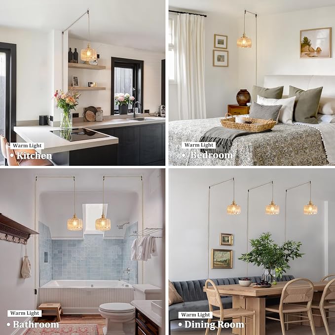 Shenmoyl Plug in Pendant Light Hanging Light Fixtures with Plugin Cord On/Off Switch,Amber Striped Glass Lampshade Brass Pendant Light