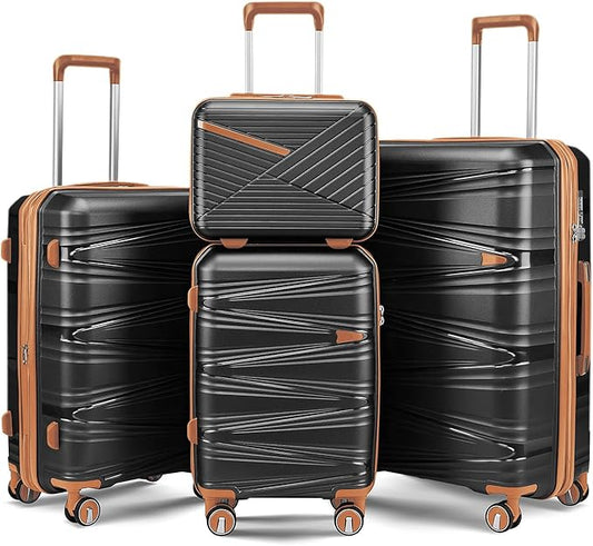 4 Piece Expandable Hardshell Pink Luggage Sets with Spinner Wheels, Lightweight Travel Suitcase Set with TSA Locks, 20 inch Carry On for Women (Black, 4 Piece Set)