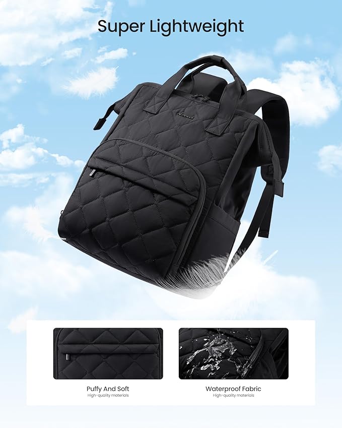 LOVEVOOK Laptop Backpack for Women, 15.6 inch Work Travel Backpack Purse, Puffer Quilted Laptop Backpack Casual Daypack for Nurse Teacher，Black